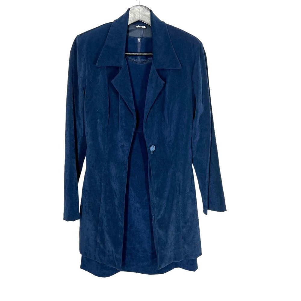 Vintage 90s Dark Blue Faux Suede Short Dress Long Blazer Set Small